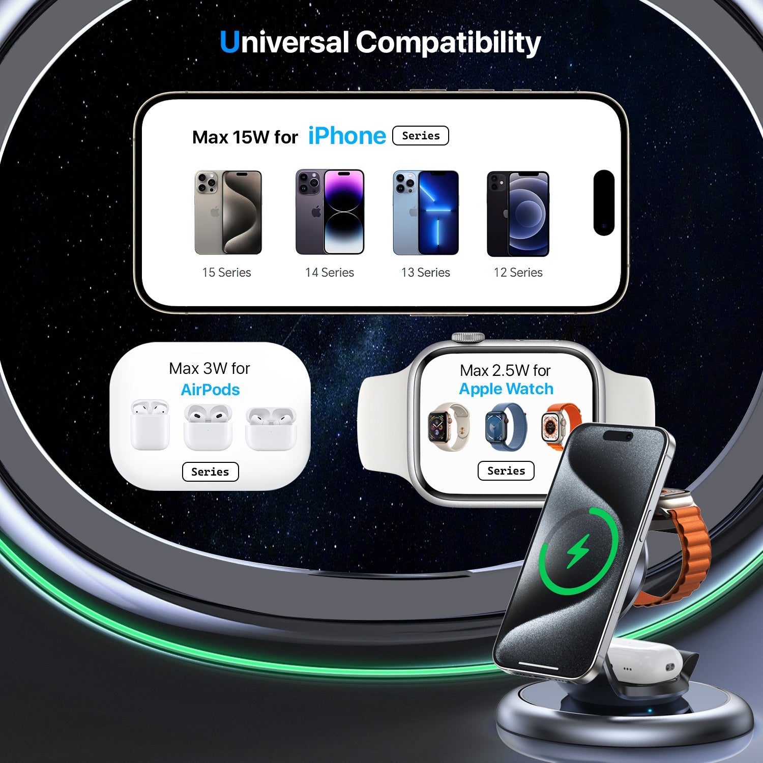 JMT-121802 3-in-1 Magnetic Wireless Charging Station for Apple Devices - Fast Charging Stand for iPhone, iWatch, and AirPods