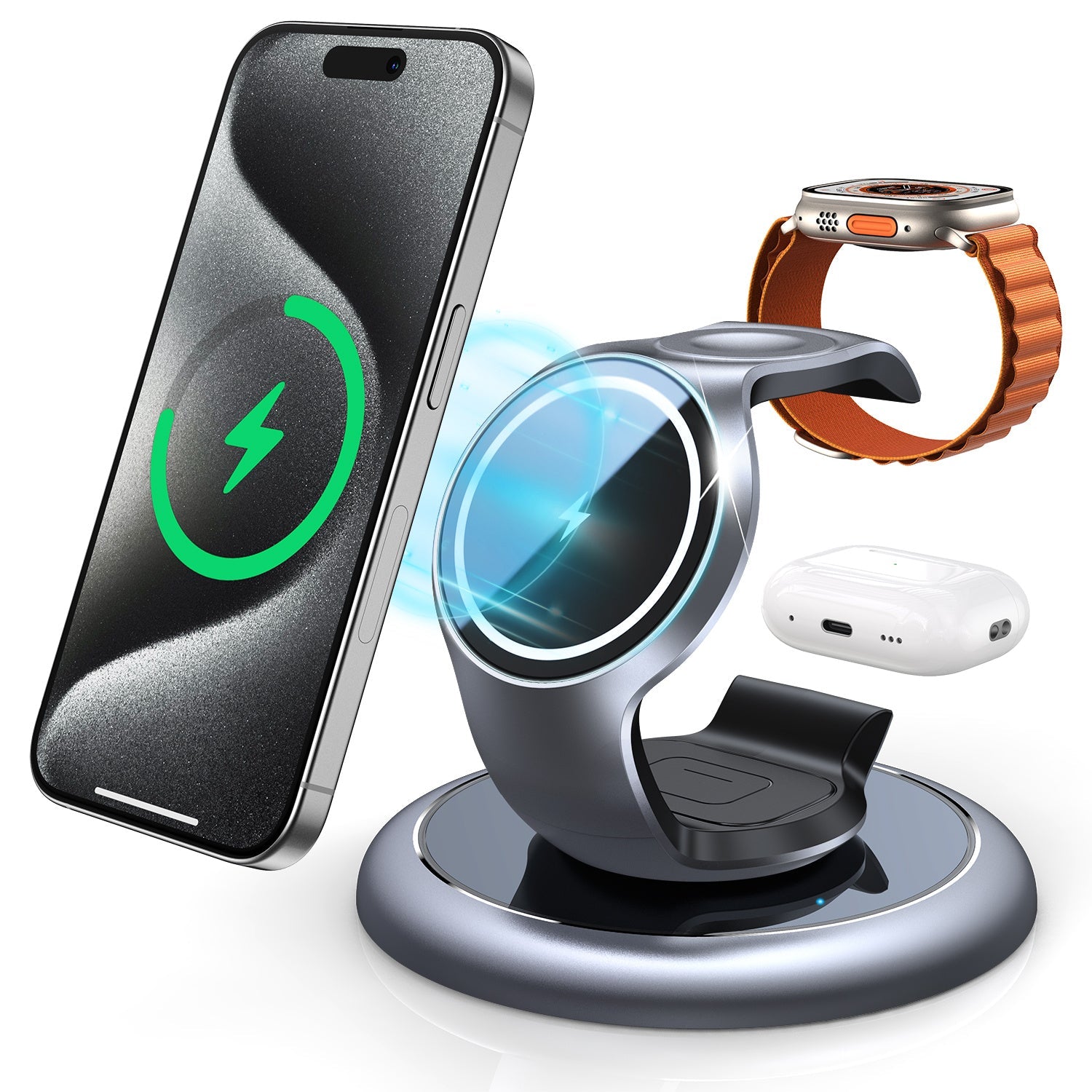 JMT-121802 3-in-1 Magnetic Wireless Charging Station for Apple Devices - Fast Charging Stand for iPhone, iWatch, and AirPods