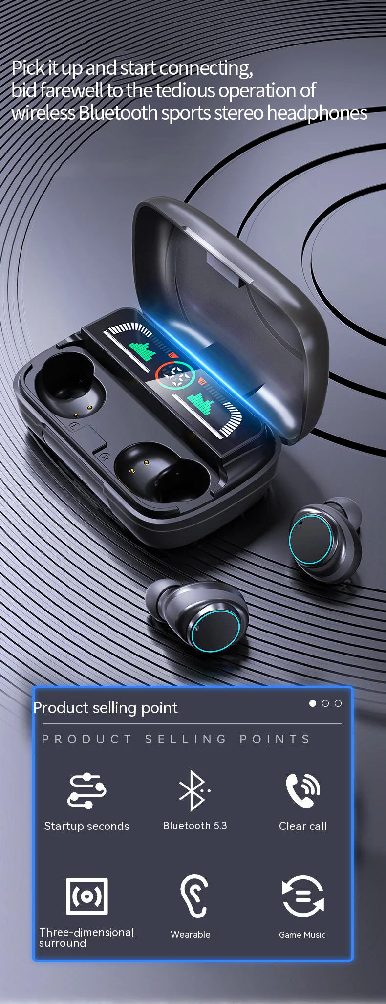 JMT-122442 Wireless Sports Stereo Earbuds with Intelligent Power and Binaural Noise Reduction