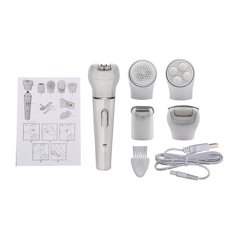JMT-123402 5-in-1 Multi-Functional Portable Face and Body Electric Massager and Skin Care Scrubber with Latex Brush Heads