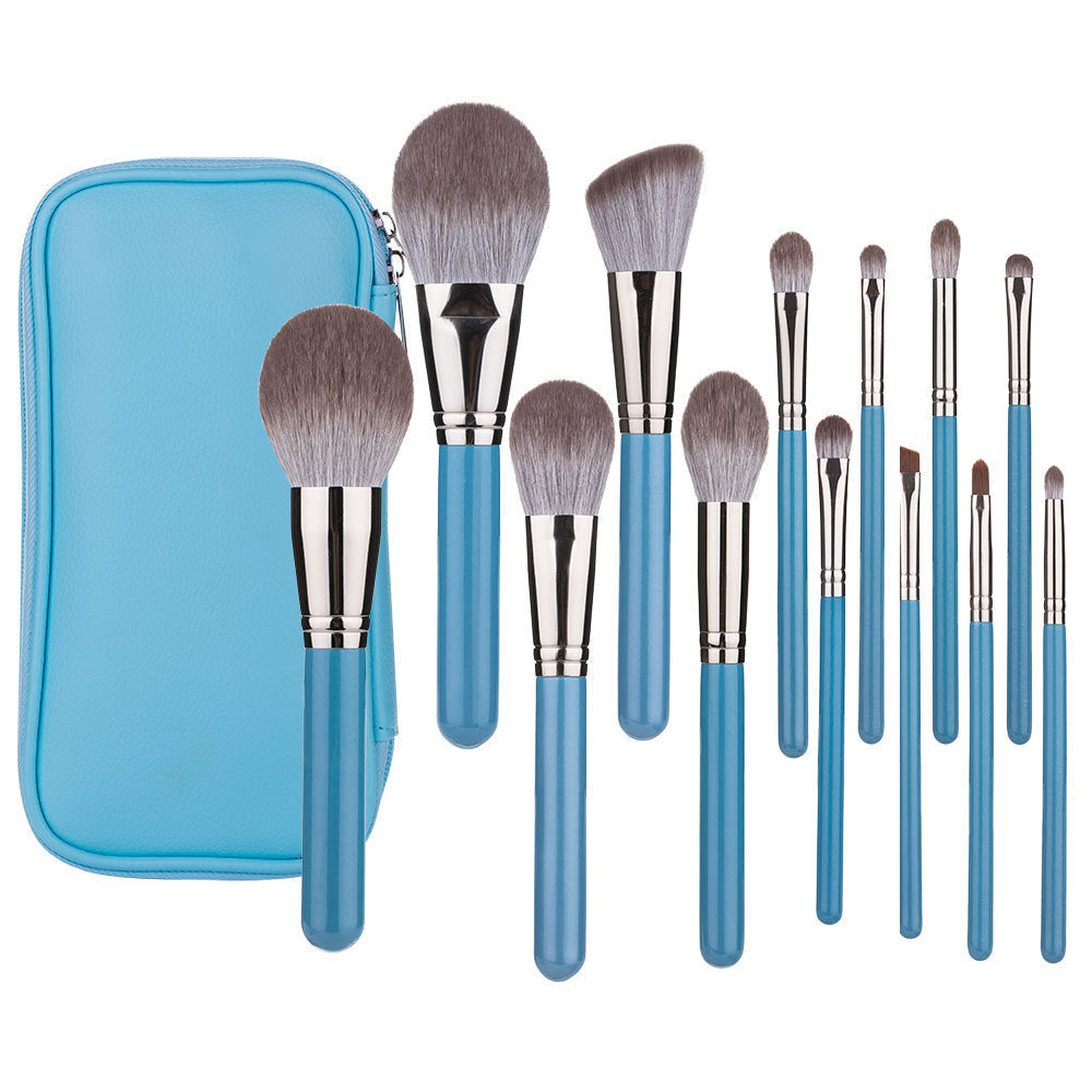 JMT-124682 13-Piece Professional Makeup Brush Set with Wooden Handles and Leather Carrying Bag