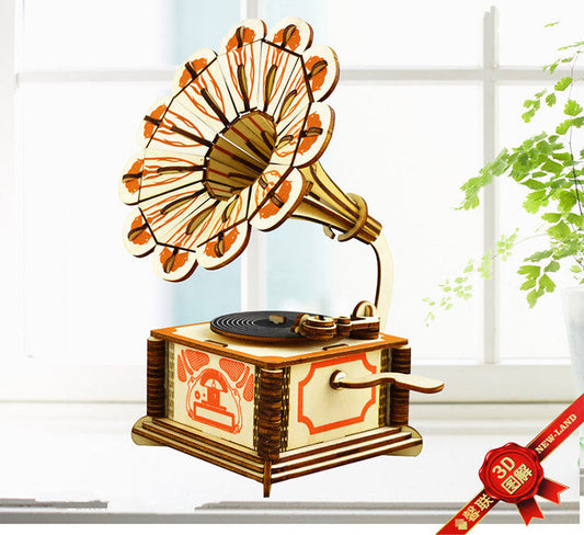 JMT-127882 Wooden 3D Gramophone Puzzle for Creative Fun - 15x15x22.2 cm