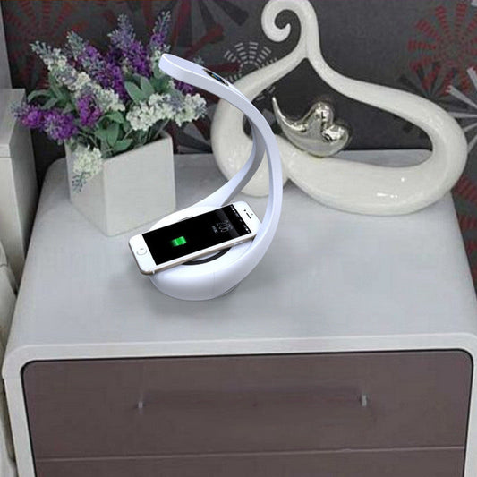 JMT-128202 Wireless Charging LED Desk Lamp with Bluetooth Speaker - Model HY1801D, Type-C Interface, White/Sardine Silver or White/Burgundy, Size 125x146x228mm