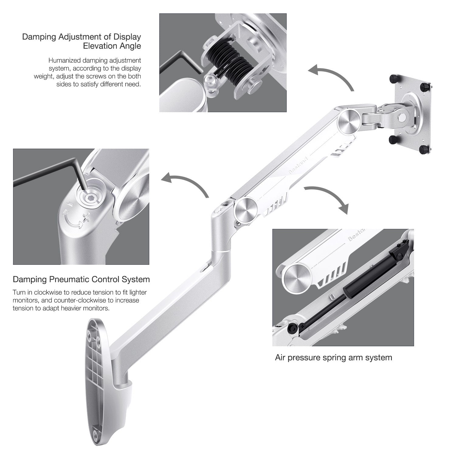 JMT-128970 Aluminum Alloy Single-Arm Monitor Wall Mount Bracket - 2.8KG, 40.5x34.5x12.7CM