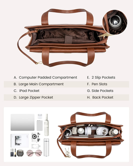 JMT-129738 Leather Laptop Tote Bag for Women, 15.6 Inch Work Briefcase with Removable Clutch Purse