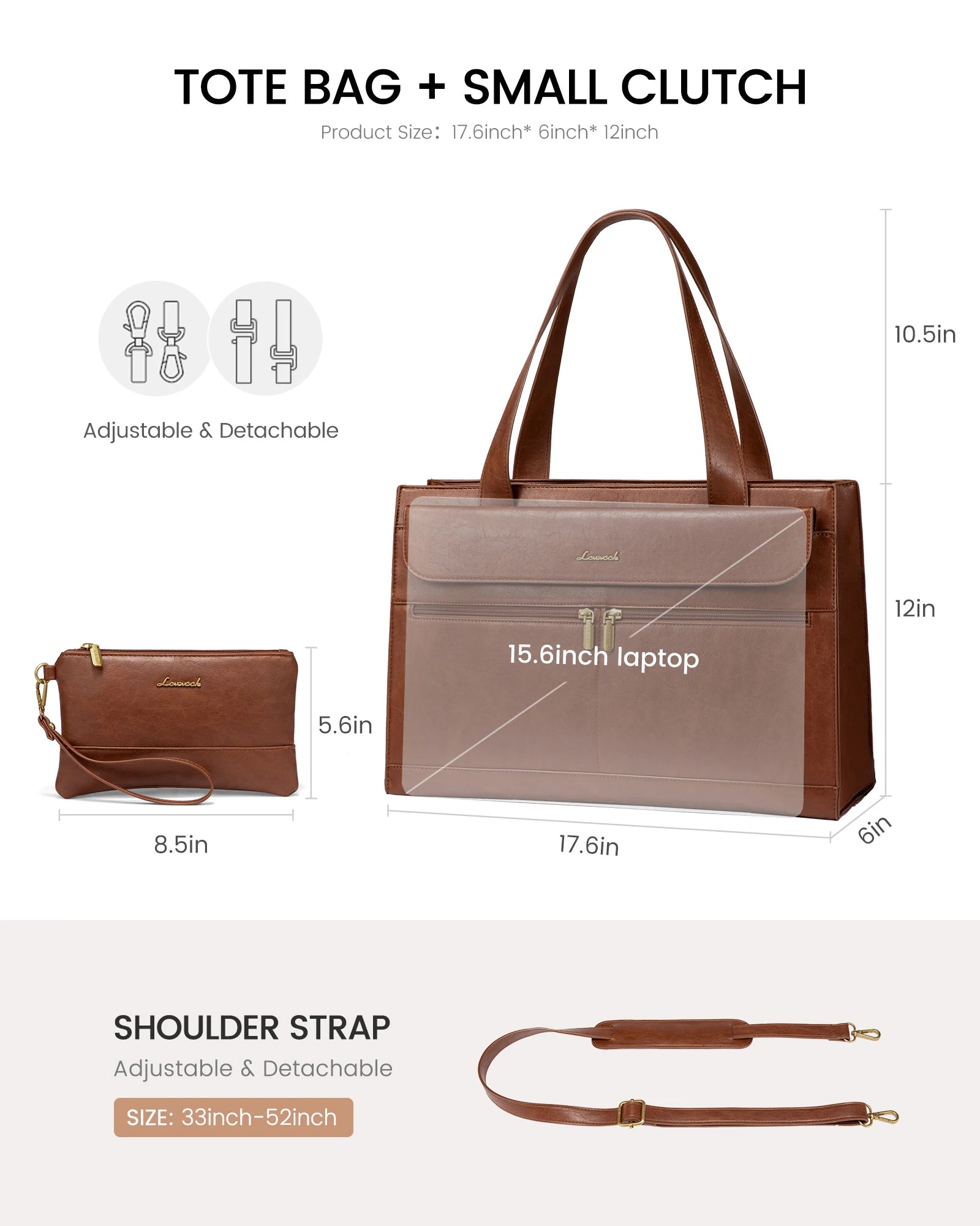 JMT-129738 Leather Laptop Tote Bag for Women, 15.6 Inch Work Briefcase with Removable Clutch Purse