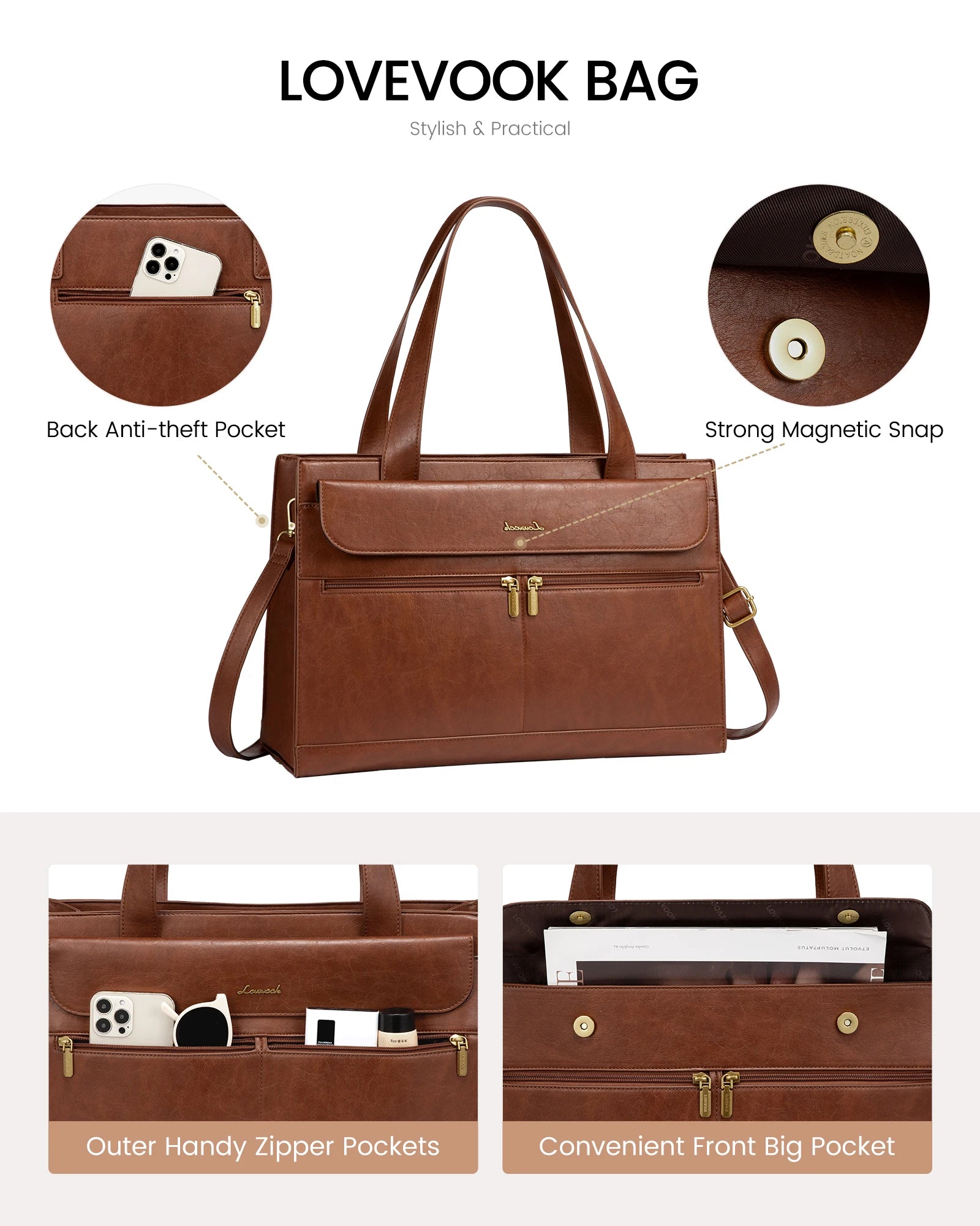 JMT-129738 Leather Laptop Tote Bag for Women, 15.6 Inch Work Briefcase with Removable Clutch Purse
