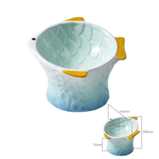 JMT-130186 Ceramic Kitten Bowl in Mint Green, Orange, Pink, and Sky Blue - Colorful Fish Design