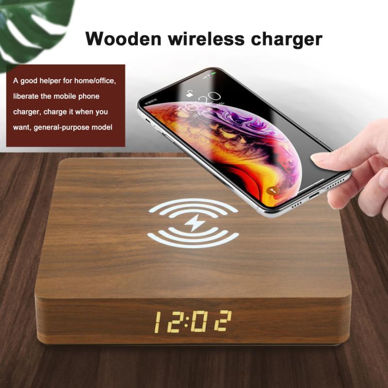JMT-130698 Wooden Qi Wireless Charger with LED Clock - Fast Charging 10W, 15x15x2.5 CM