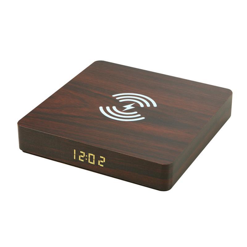 JMT-130698 Wooden Qi Wireless Charger with LED Clock - Fast Charging 10W, 15x15x2.5 CM