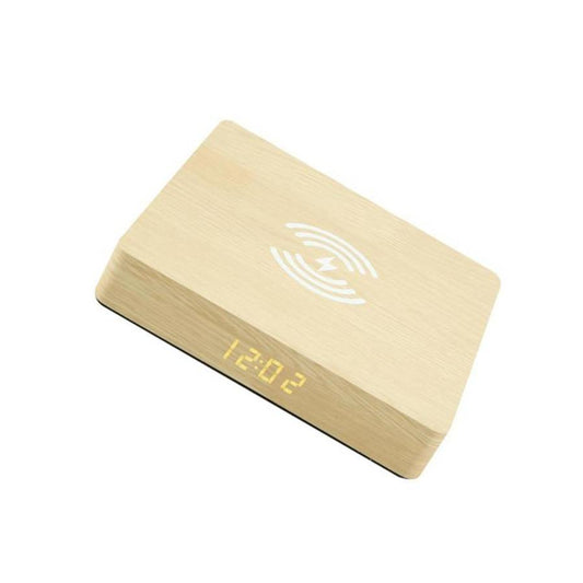 JMT-130698 Wooden Qi Wireless Charger with LED Clock - Fast Charging 10W, 15x15x2.5 CM