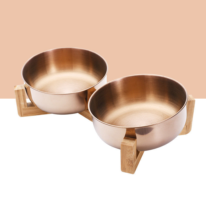 JMT-131338 Adjustable Stainless Steel Pet Bowl with Bamboo Base for Cats and Dogs