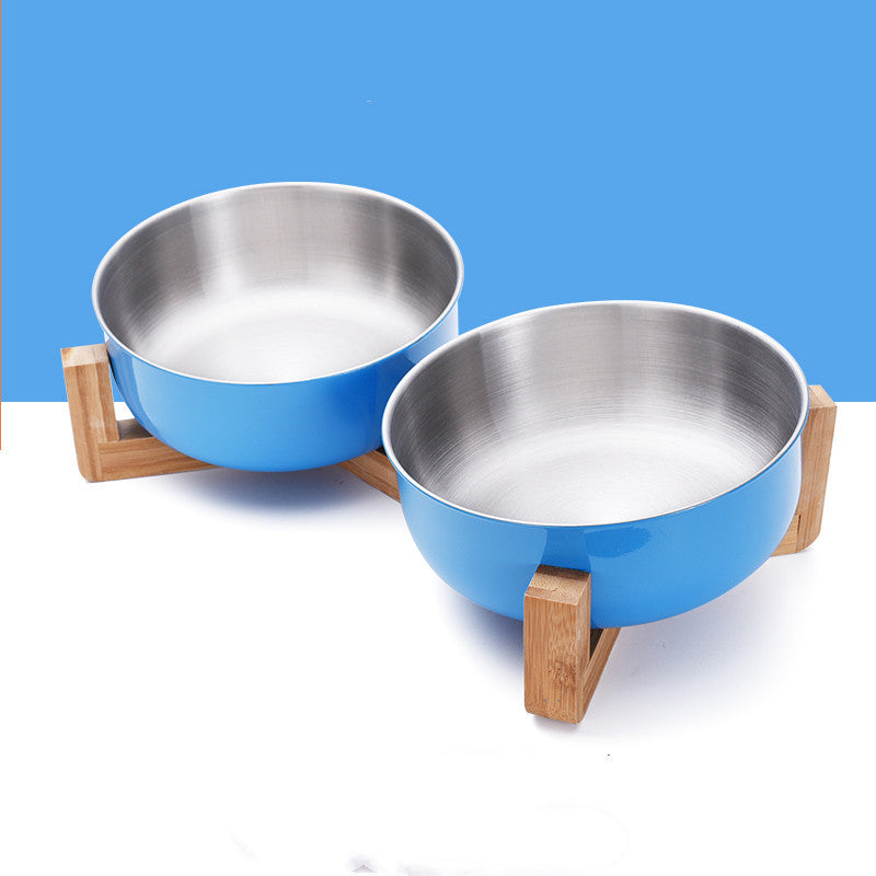 JMT-131338 Adjustable Stainless Steel Pet Bowl with Bamboo Base for Cats and Dogs