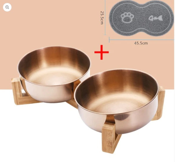 JMT-131338 Adjustable Stainless Steel Pet Bowl with Bamboo Base for Cats and Dogs