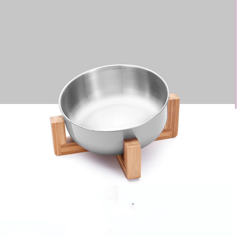 JMT-131338 Adjustable Stainless Steel Pet Bowl with Bamboo Base for Cats and Dogs