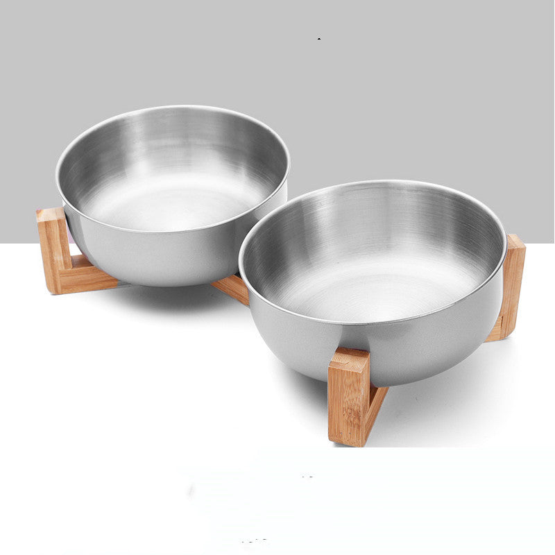 JMT-131338 Adjustable Stainless Steel Pet Bowl with Bamboo Base for Cats and Dogs