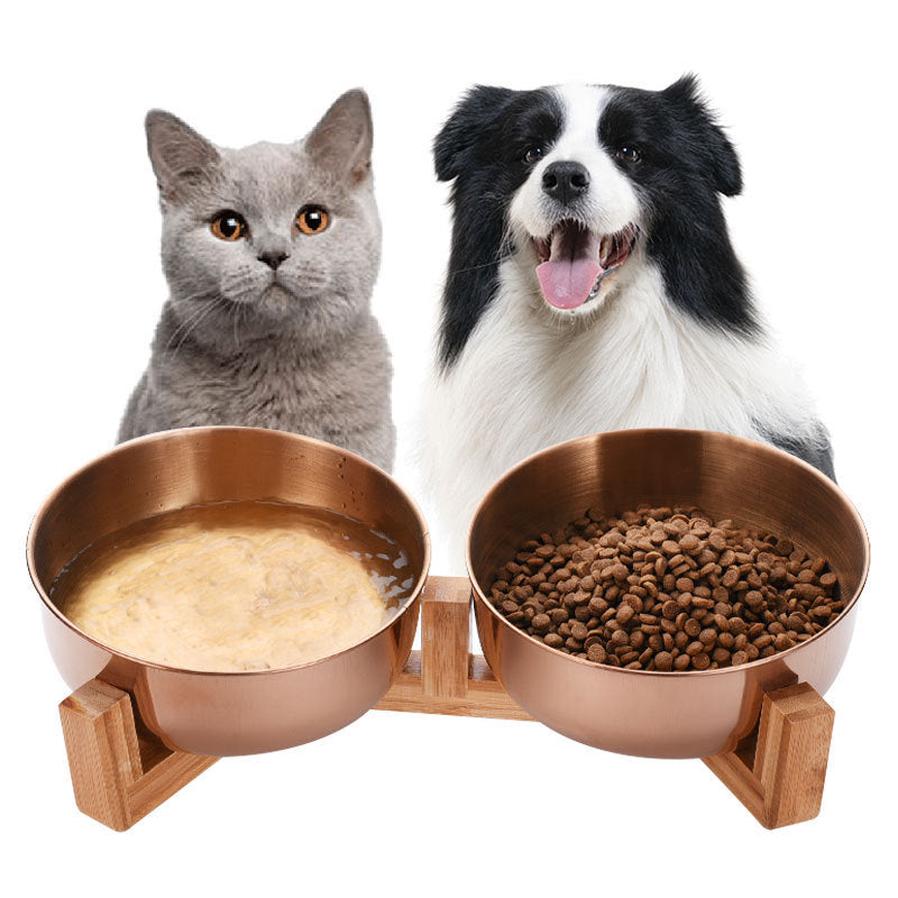 JMT-131338 Adjustable Stainless Steel Pet Bowl with Bamboo Base for Cats and Dogs