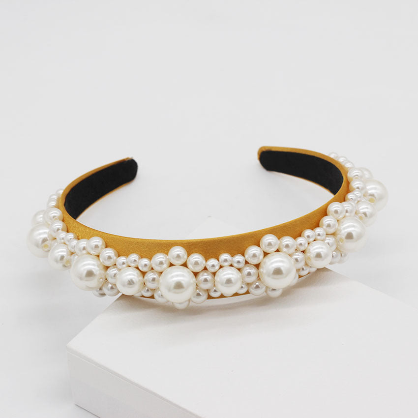 JMT-131850 Elegant Braided Large Pearl Hair Band with Geometric Plaid Design in Artificial Leather