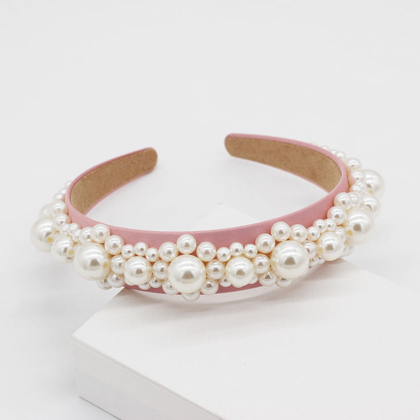 JMT-131850 Elegant Braided Large Pearl Hair Band with Geometric Plaid Design in Artificial Leather