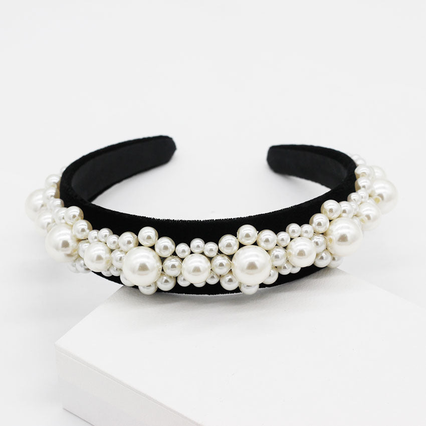 JMT-131850 Elegant Braided Large Pearl Hair Band with Geometric Plaid Design in Artificial Leather