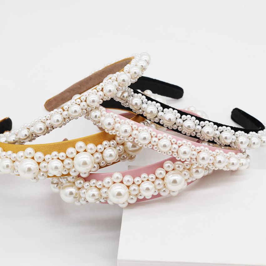 JMT-131850 Elegant Braided Large Pearl Hair Band with Geometric Plaid Design in Artificial Leather