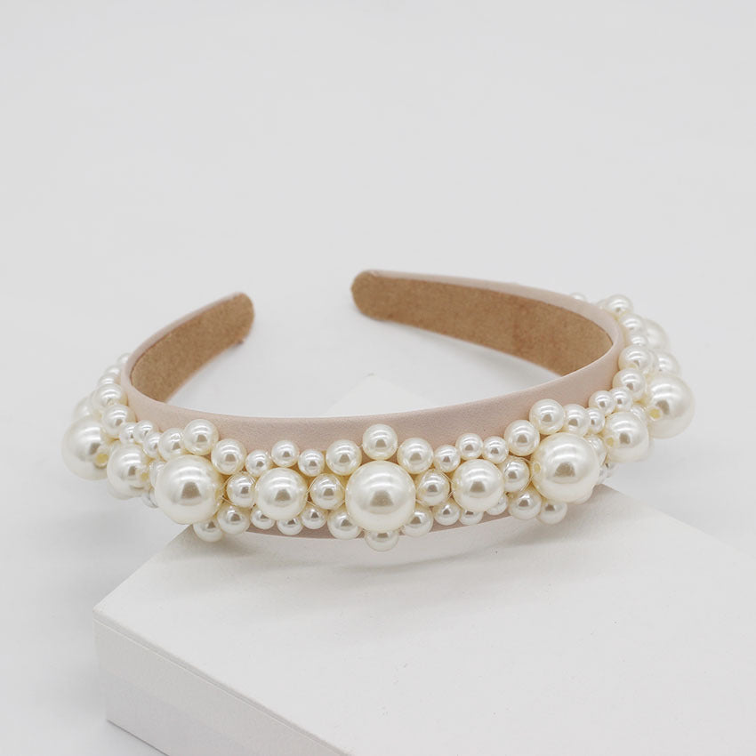 JMT-131850 Elegant Braided Large Pearl Hair Band with Geometric Plaid Design in Artificial Leather