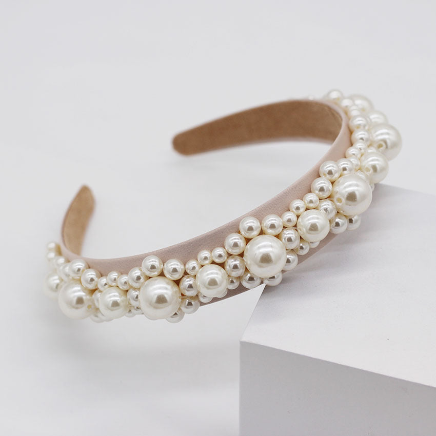 JMT-131850 Elegant Braided Large Pearl Hair Band with Geometric Plaid Design in Artificial Leather