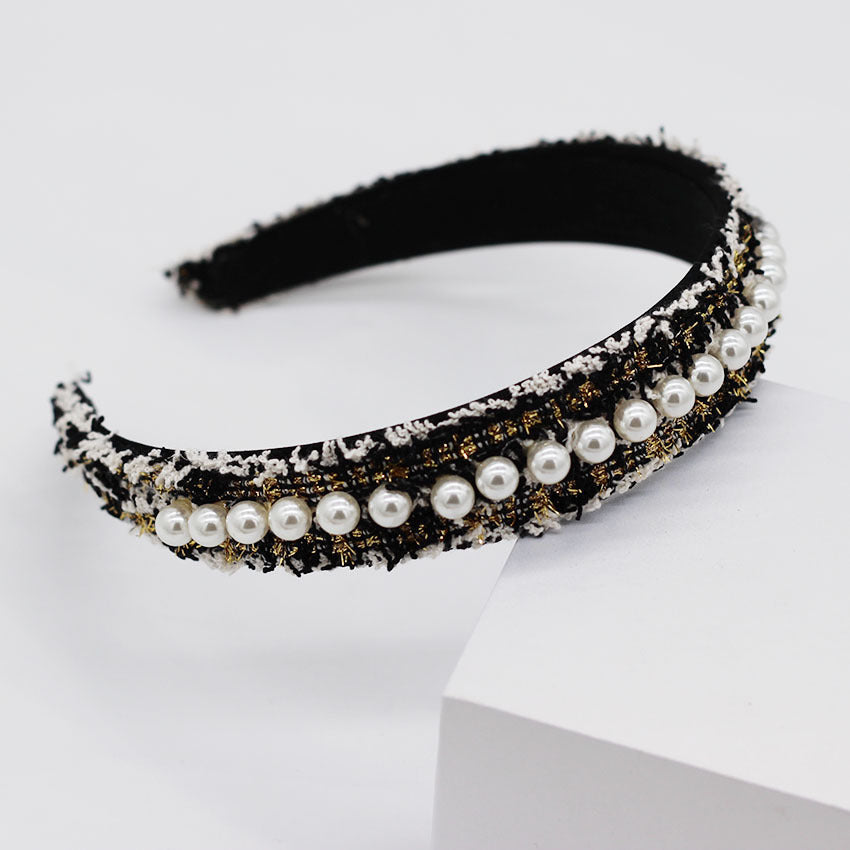 JMT-131850 Elegant Braided Large Pearl Hair Band with Geometric Plaid Design in Artificial Leather