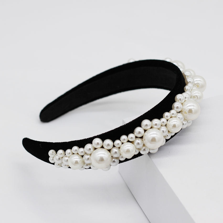 JMT-131850 Elegant Braided Large Pearl Hair Band with Geometric Plaid Design in Artificial Leather