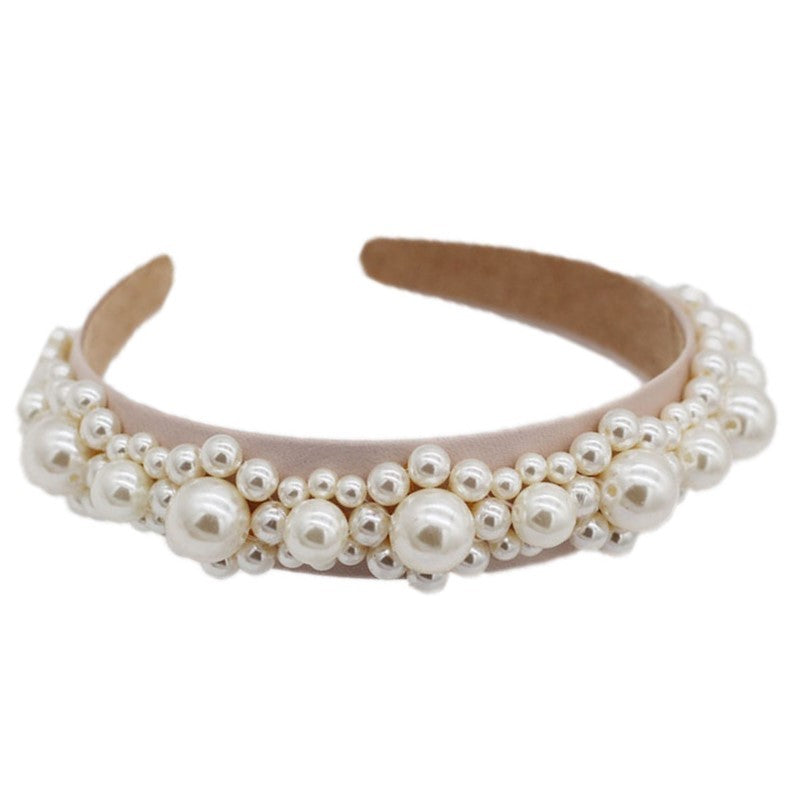 JMT-131850 Elegant Braided Large Pearl Hair Band with Geometric Plaid Design in Artificial Leather
