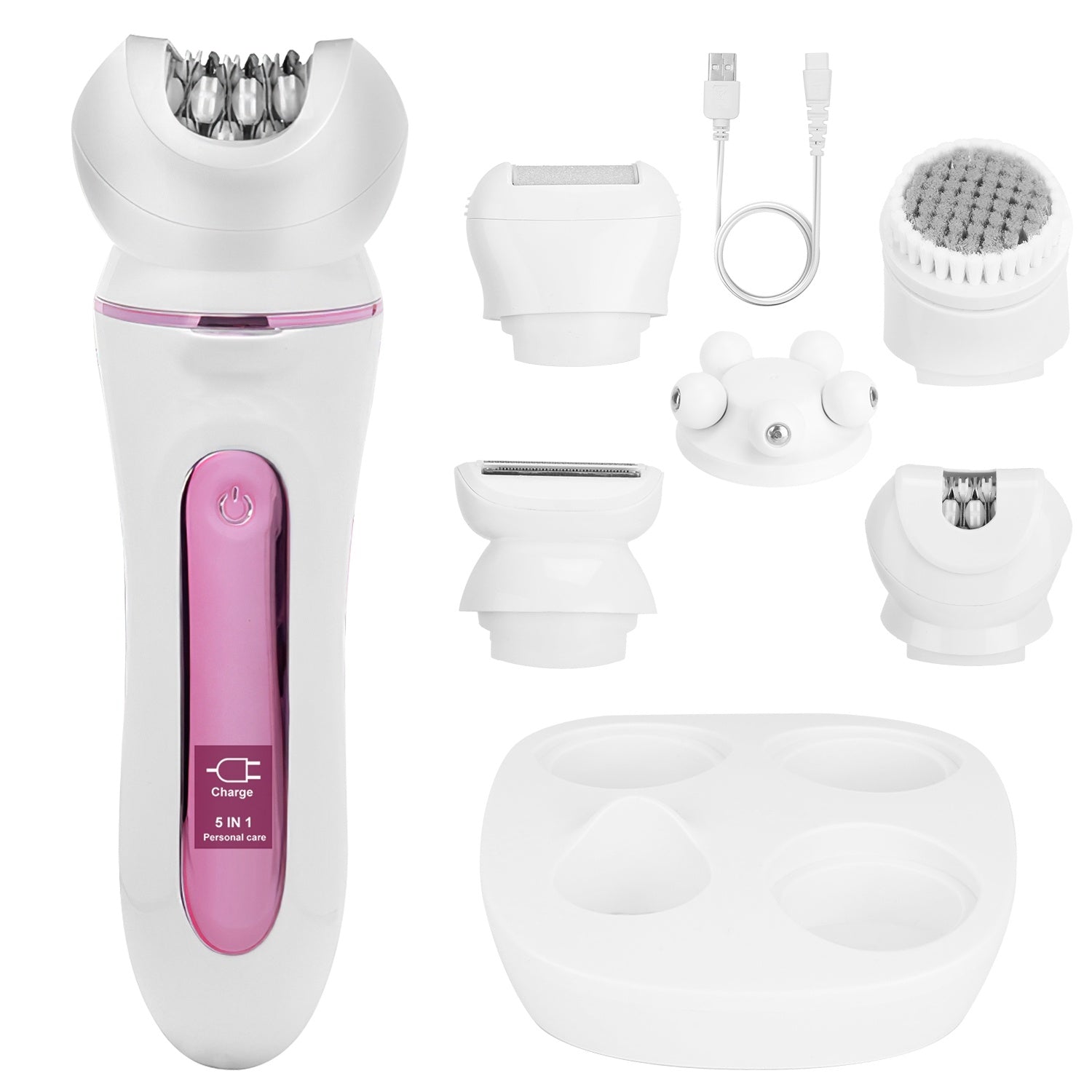 JMT-132298 5-in-1 Rechargeable Women's Grooming Kit with Epilator, Shaver, Facial Brush, Callus Remover, and Massager