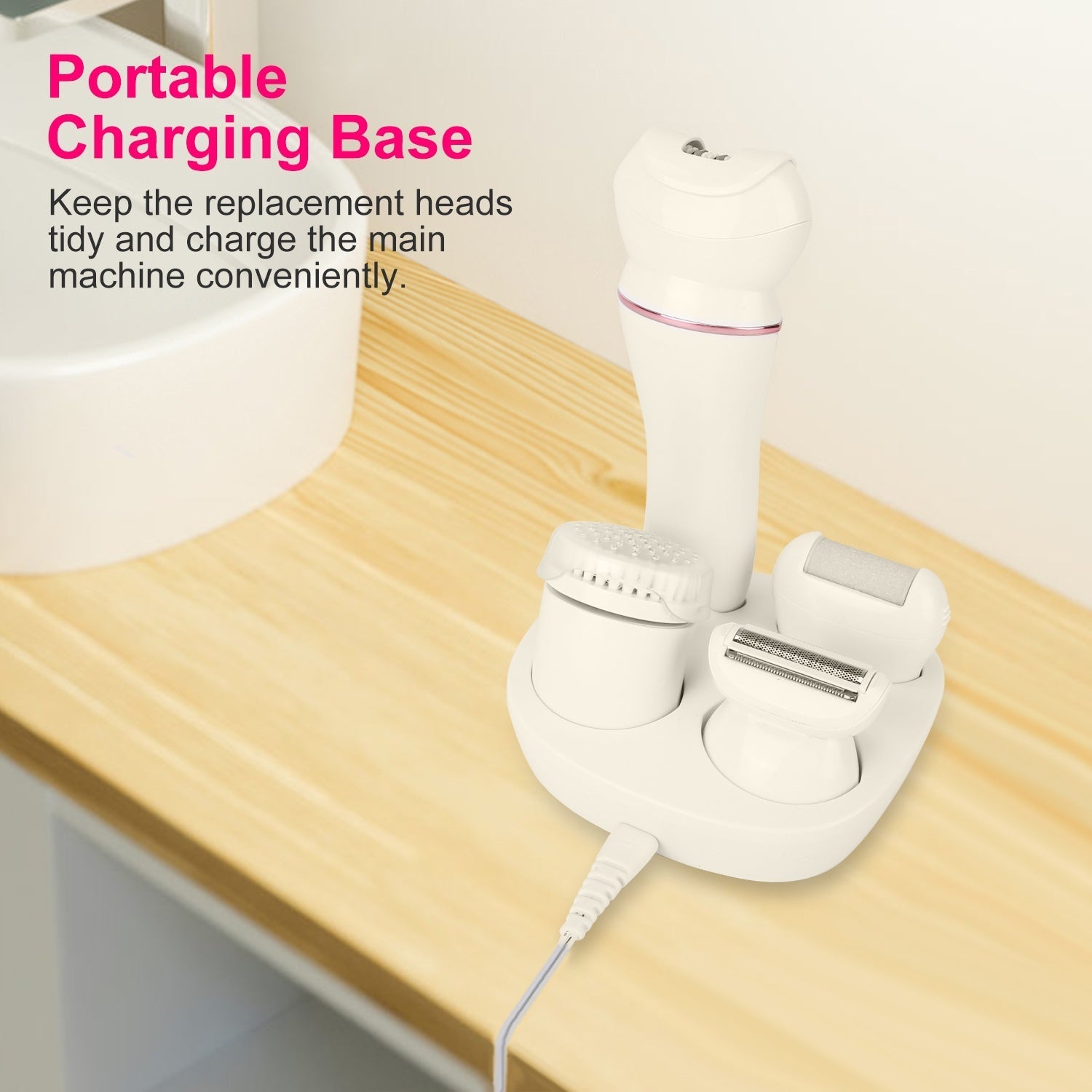 JMT-132298 5-in-1 Rechargeable Women's Grooming Kit with Epilator, Shaver, Facial Brush, Callus Remover, and Massager