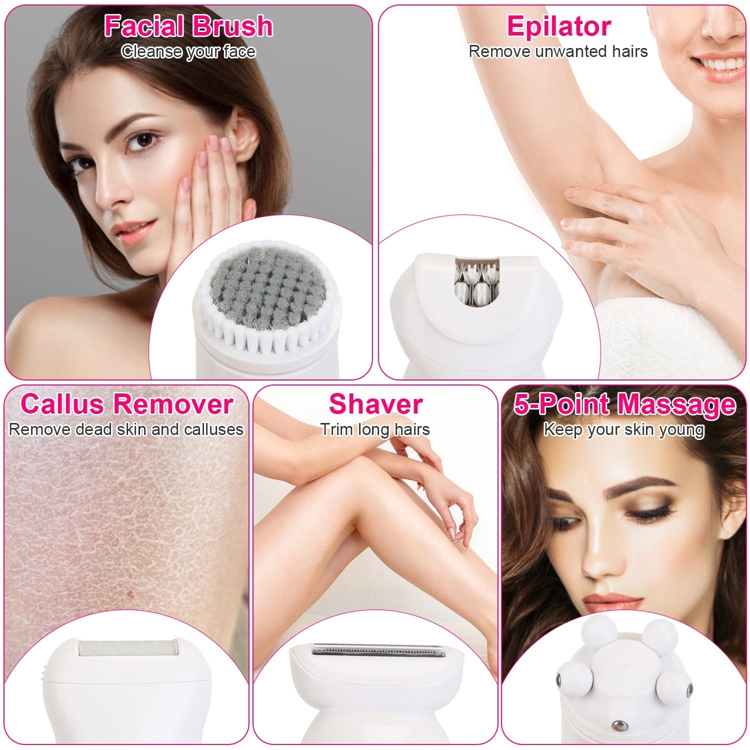 JMT-132298 5-in-1 Rechargeable Women's Grooming Kit with Epilator, Shaver, Facial Brush, Callus Remover, and Massager