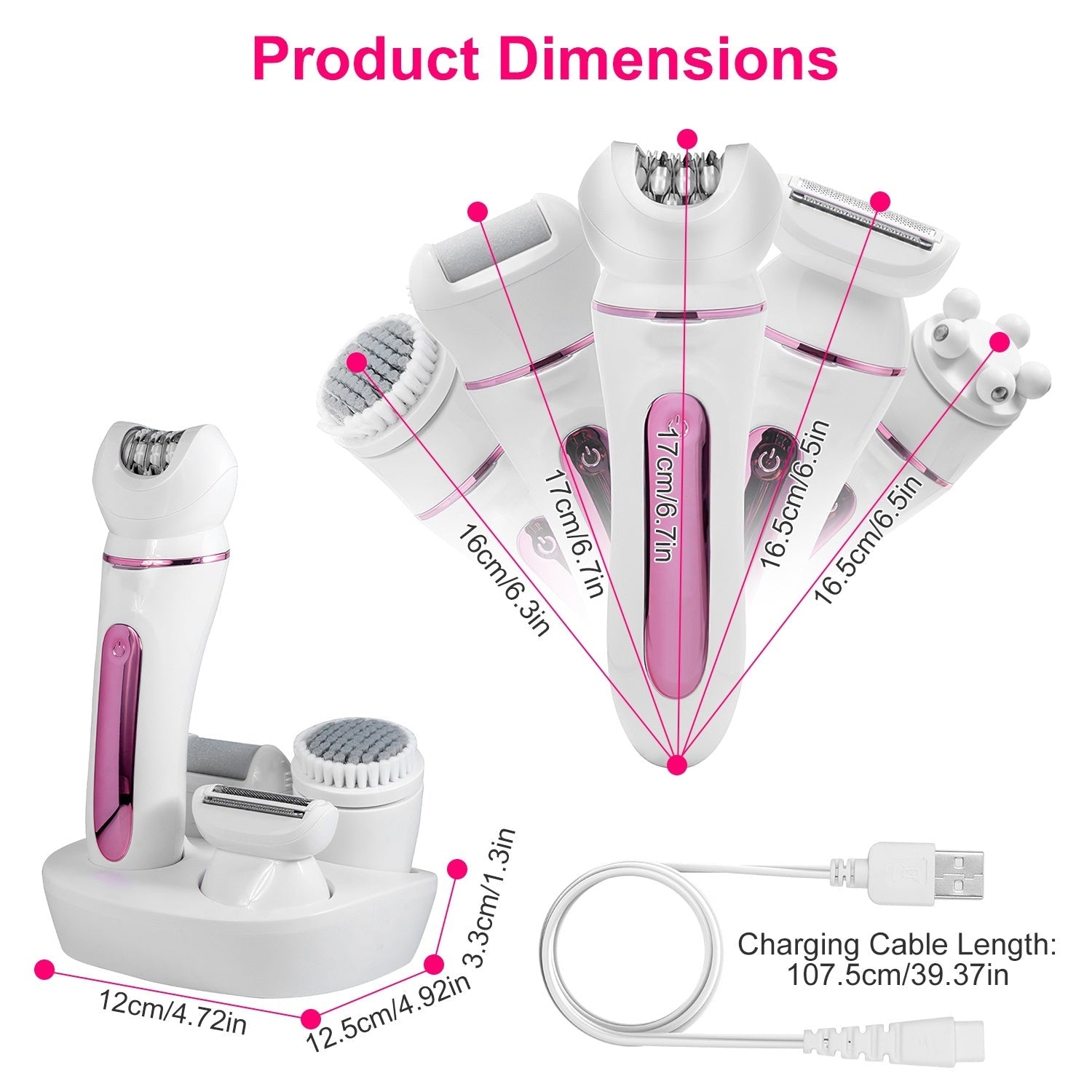 JMT-132298 5-in-1 Rechargeable Women's Grooming Kit with Epilator, Shaver, Facial Brush, Callus Remover, and Massager