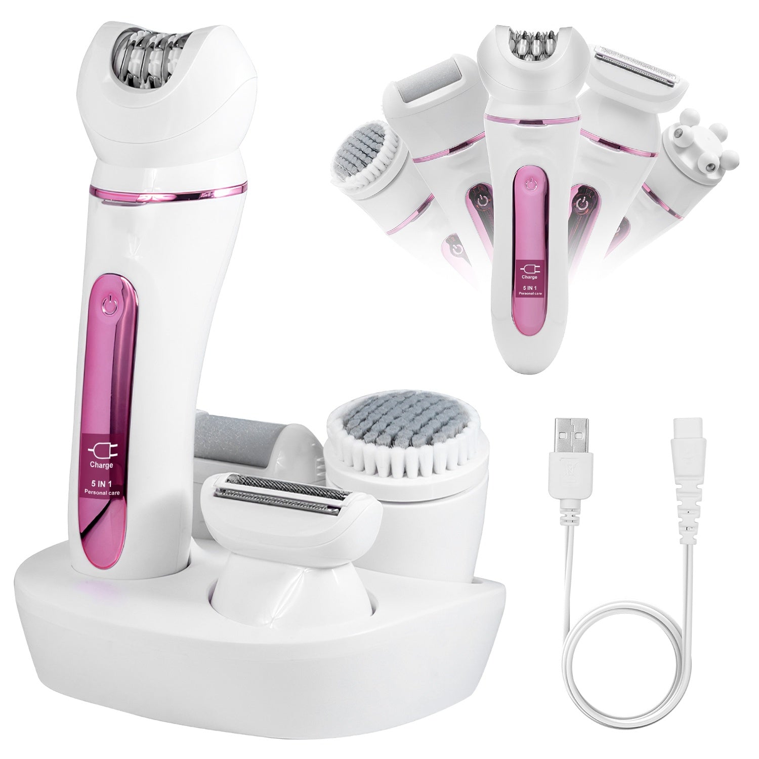 JMT-132298 5-in-1 Rechargeable Women's Grooming Kit with Epilator, Shaver, Facial Brush, Callus Remover, and Massager