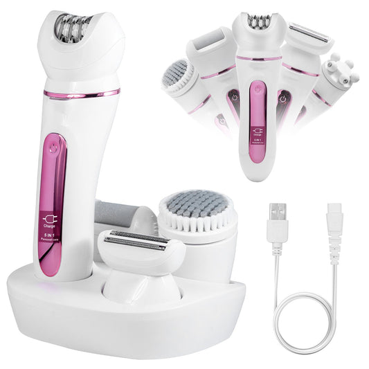 JMT-132298 5-in-1 Rechargeable Women's Grooming Kit with Epilator, Shaver, Facial Brush, Callus Remover, and Massager