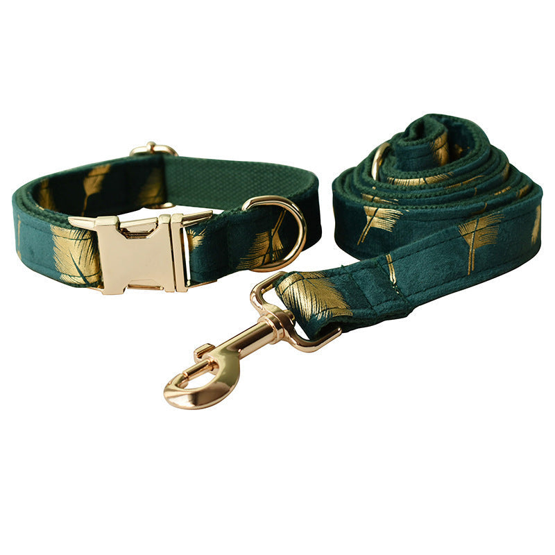 JMT-132810 Emerald Feather Pattern Cotton Pet Collar and Leash Set with Bow