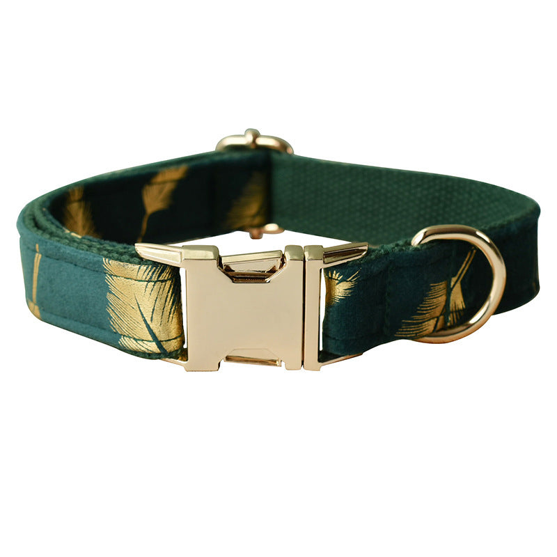 JMT-132810 Emerald Feather Pattern Cotton Pet Collar and Leash Set with Bow