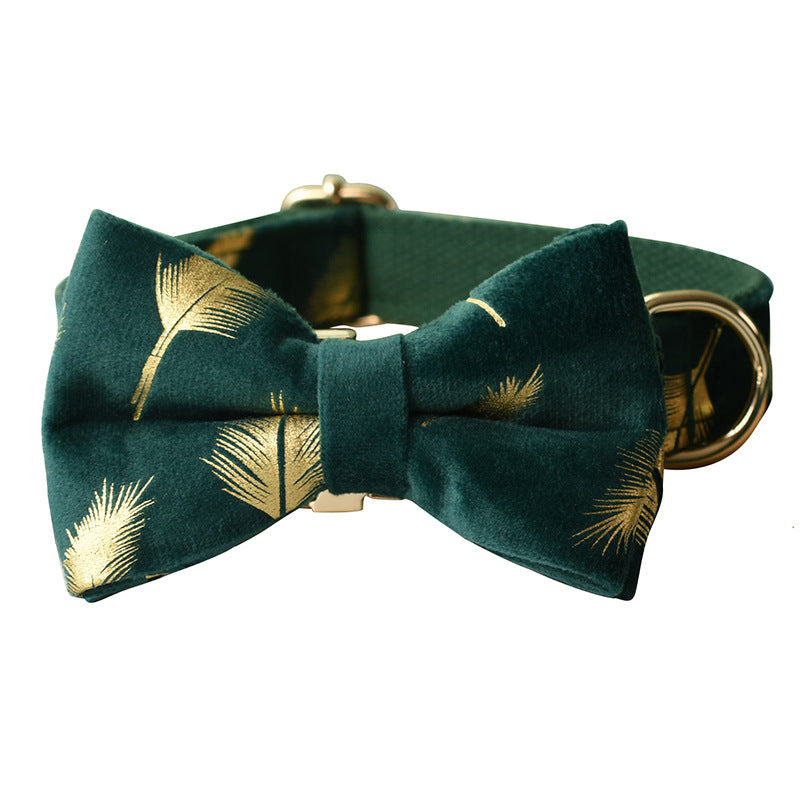 JMT-132810 Emerald Feather Pattern Cotton Pet Collar and Leash Set with Bow