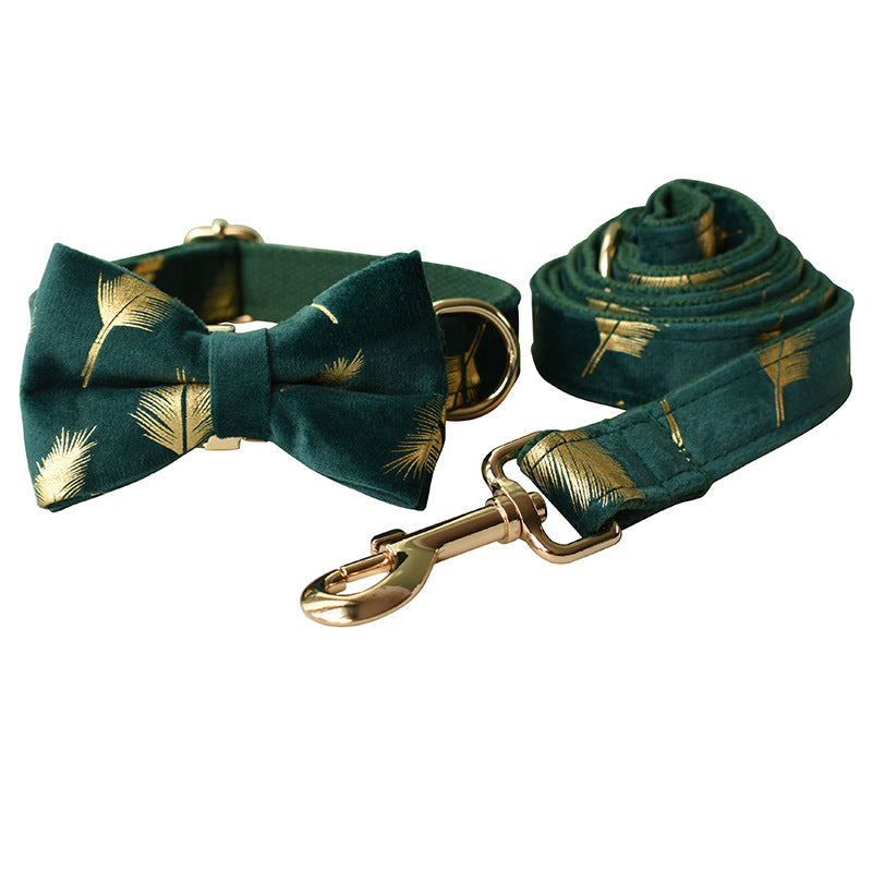 JMT-132810 Emerald Feather Pattern Cotton Pet Collar and Leash Set with Bow