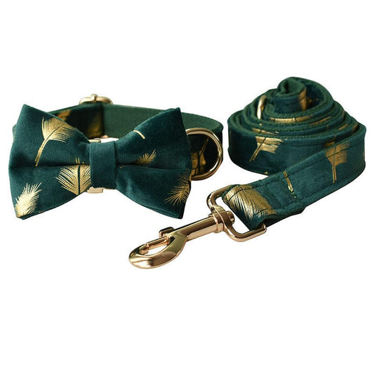 JMT-132810 Emerald Feather Pattern Cotton Pet Collar and Leash Set with Bow