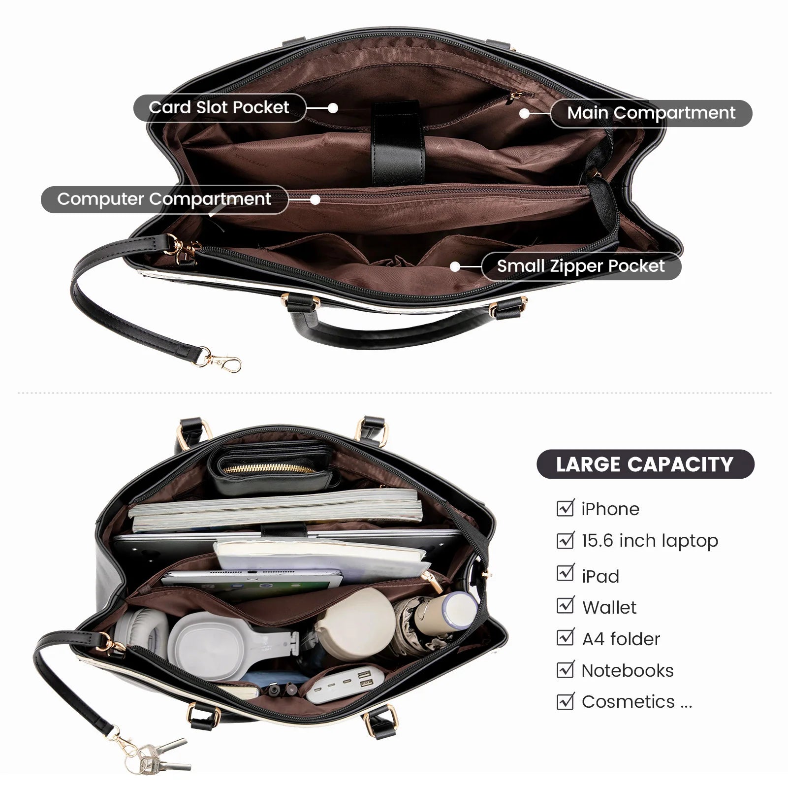 JMT-134282 Waterproof Leather Laptop Tote Bag for Women – 15.6 Inch Office Work Briefcase with Polyester Lining