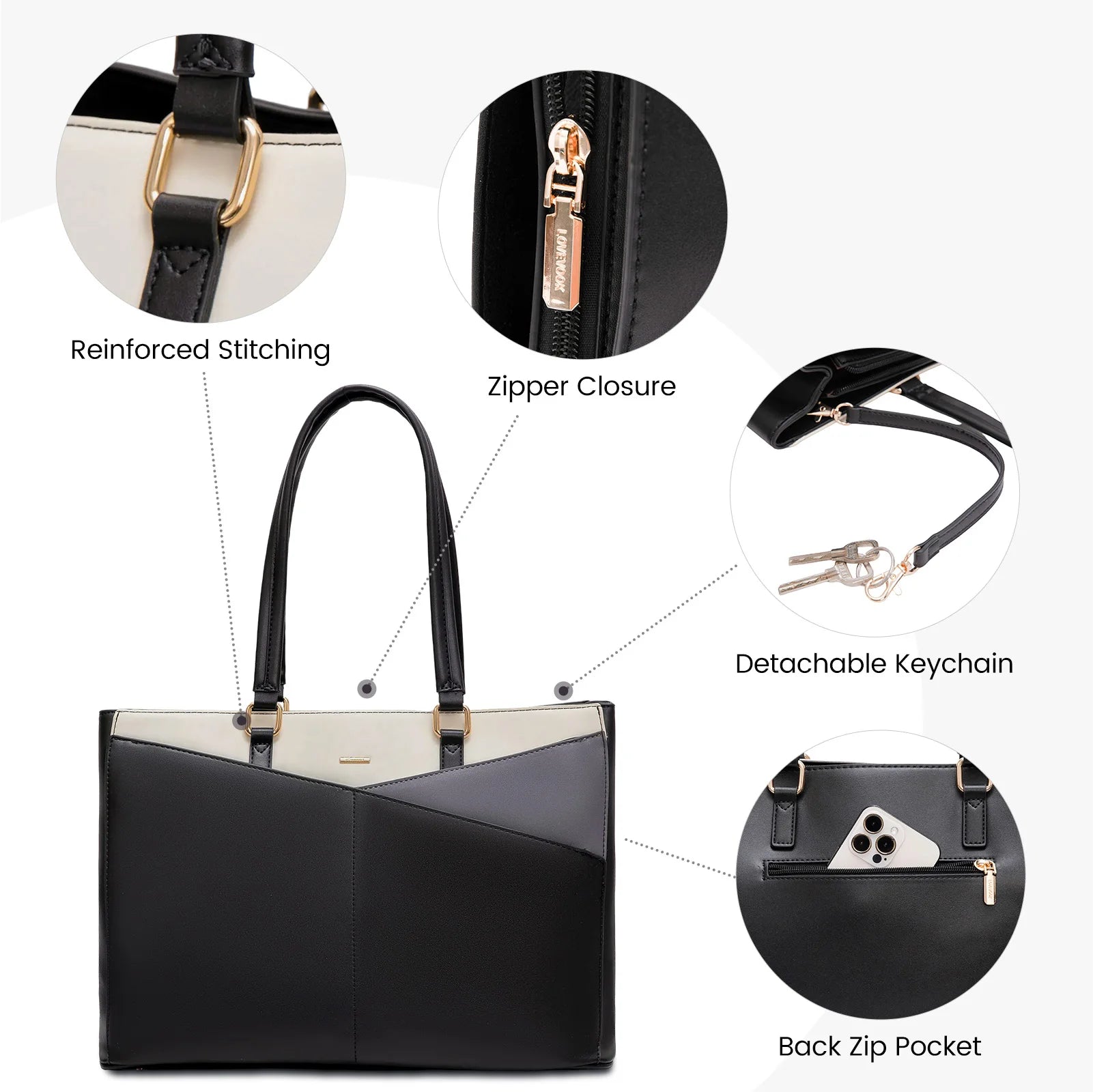 JMT-134282 Waterproof Leather Laptop Tote Bag for Women – 15.6 Inch Office Work Briefcase with Polyester Lining