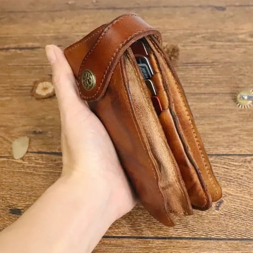JMT-136138 Vintage Genuine Leather Long Wallet – Hand-Wrinkled Vegetable Tanned Leather, Retro Design, Hasp Closure, Multiple Colours