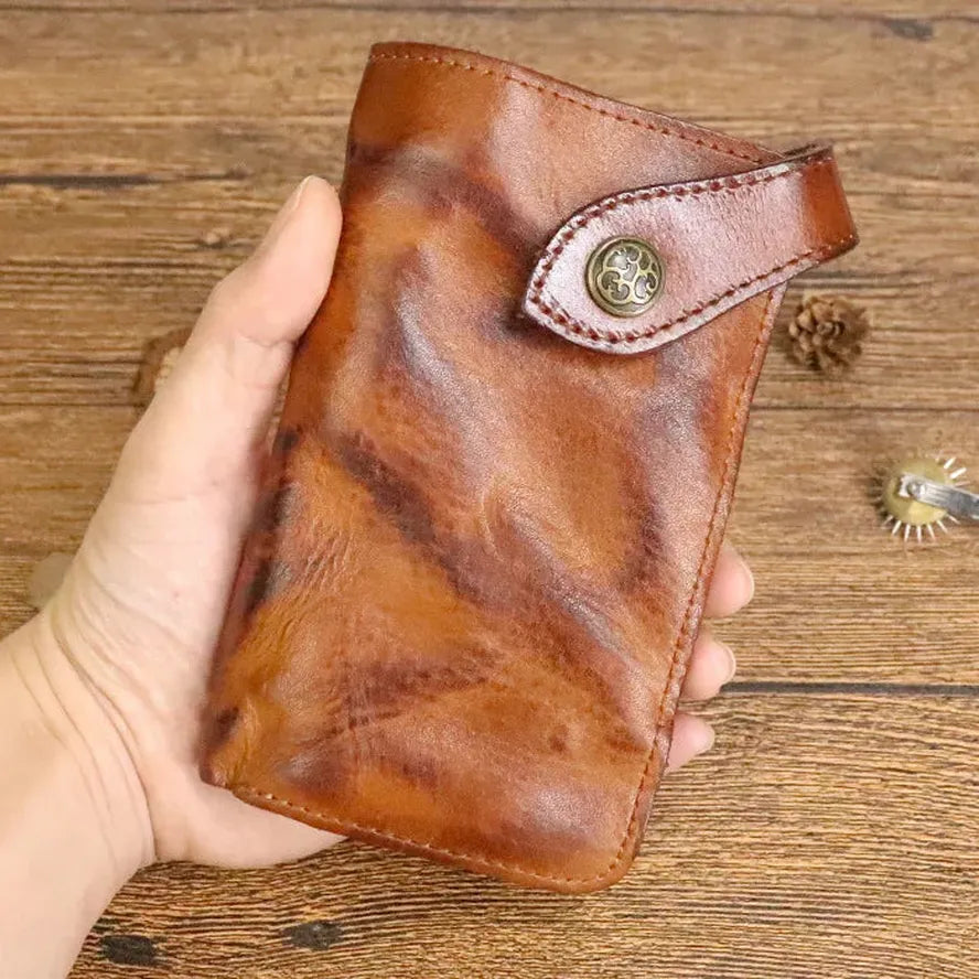 JMT-136138 Vintage Genuine Leather Long Wallet – Hand-Wrinkled Vegetable Tanned Leather, Retro Design, Hasp Closure, Multiple Colours