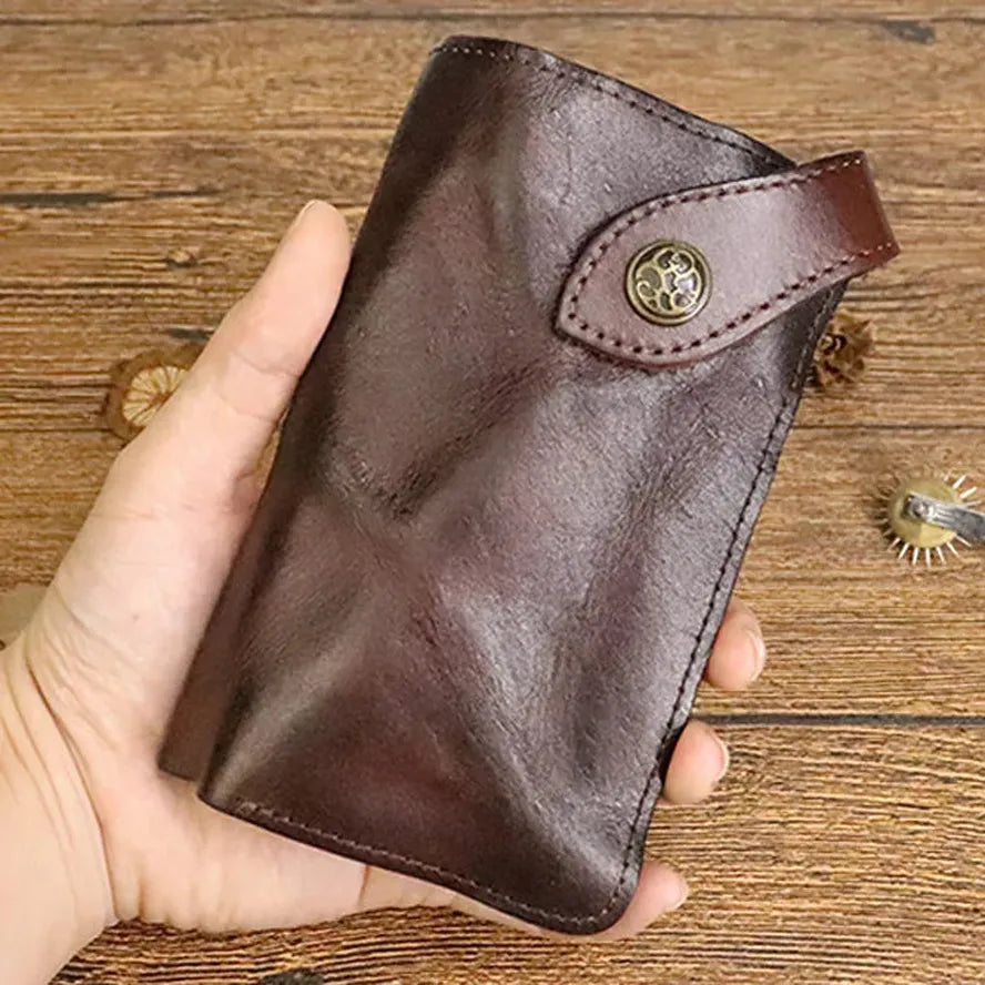 JMT-136138 Vintage Genuine Leather Long Wallet – Hand-Wrinkled Vegetable Tanned Leather, Retro Design, Hasp Closure, Multiple Colours