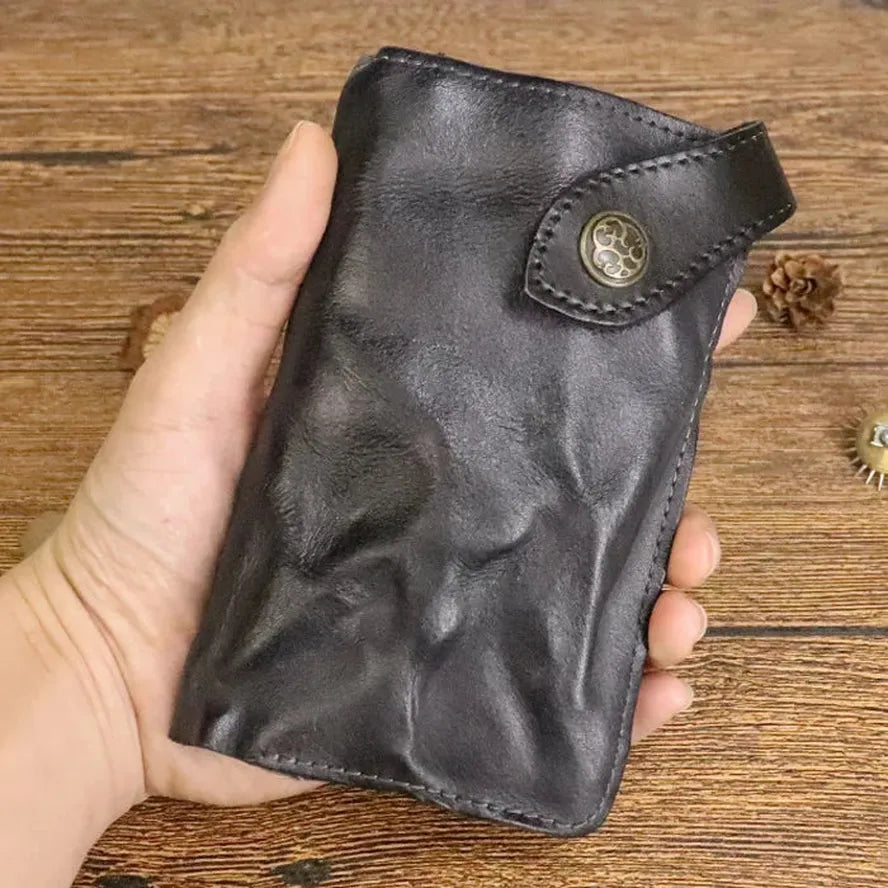 JMT-136138 Vintage Genuine Leather Long Wallet – Hand-Wrinkled Vegetable Tanned Leather, Retro Design, Hasp Closure, Multiple Colours