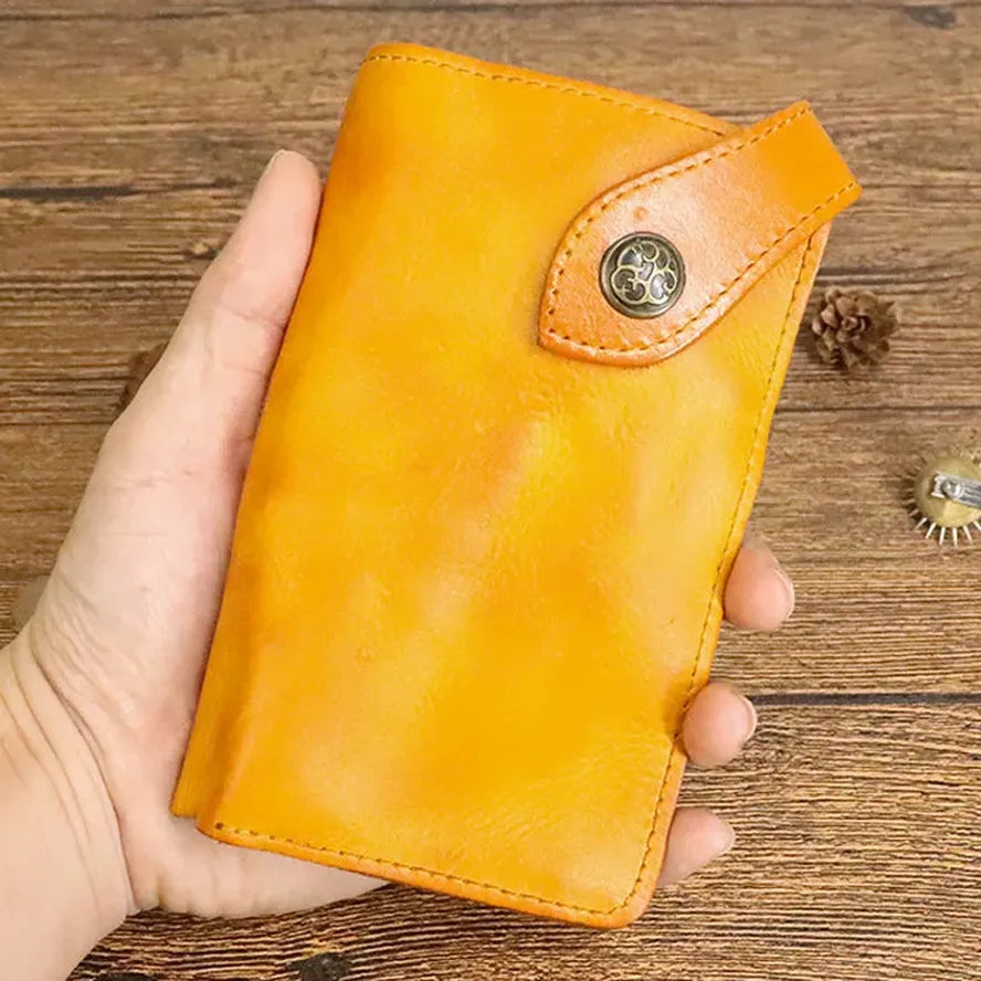 JMT-136138 Vintage Genuine Leather Long Wallet – Hand-Wrinkled Vegetable Tanned Leather, Retro Design, Hasp Closure, Multiple Colours