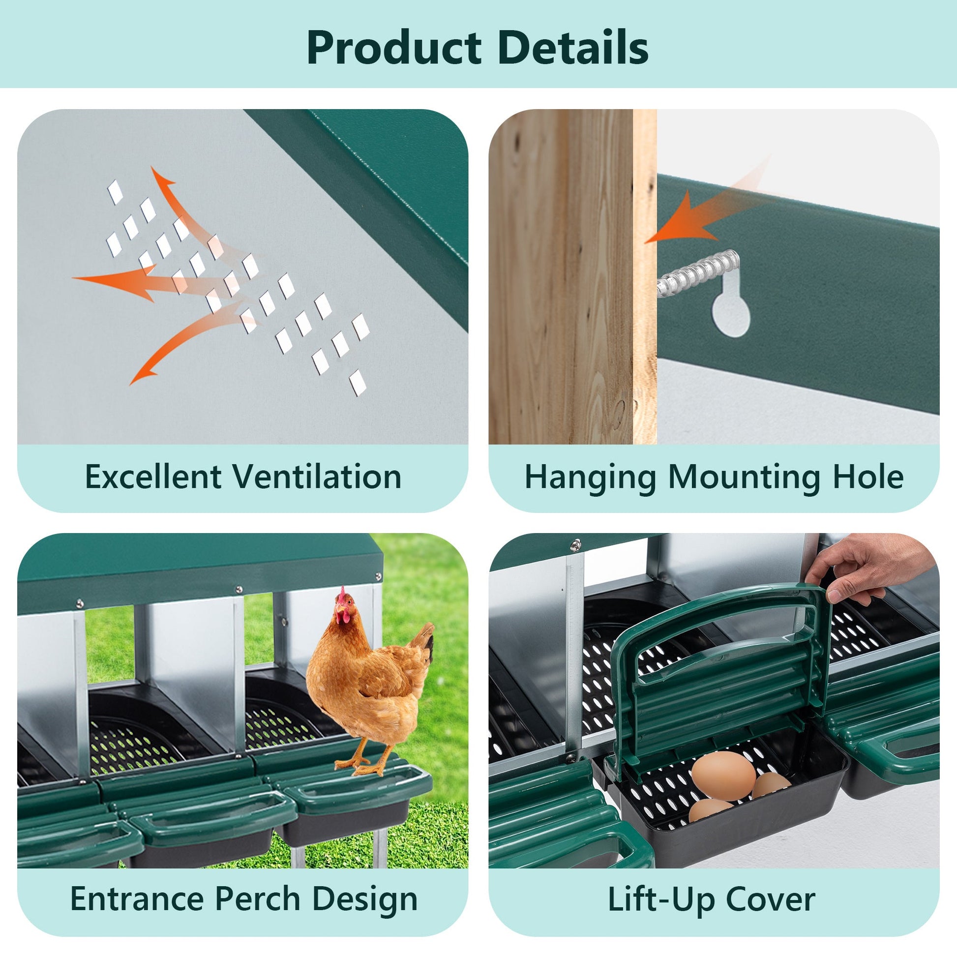 JMT-137930 Galvanized Steel 4-Hole Chicken Nest with Legs and Cover for Easy Egg Collection and Cleaning