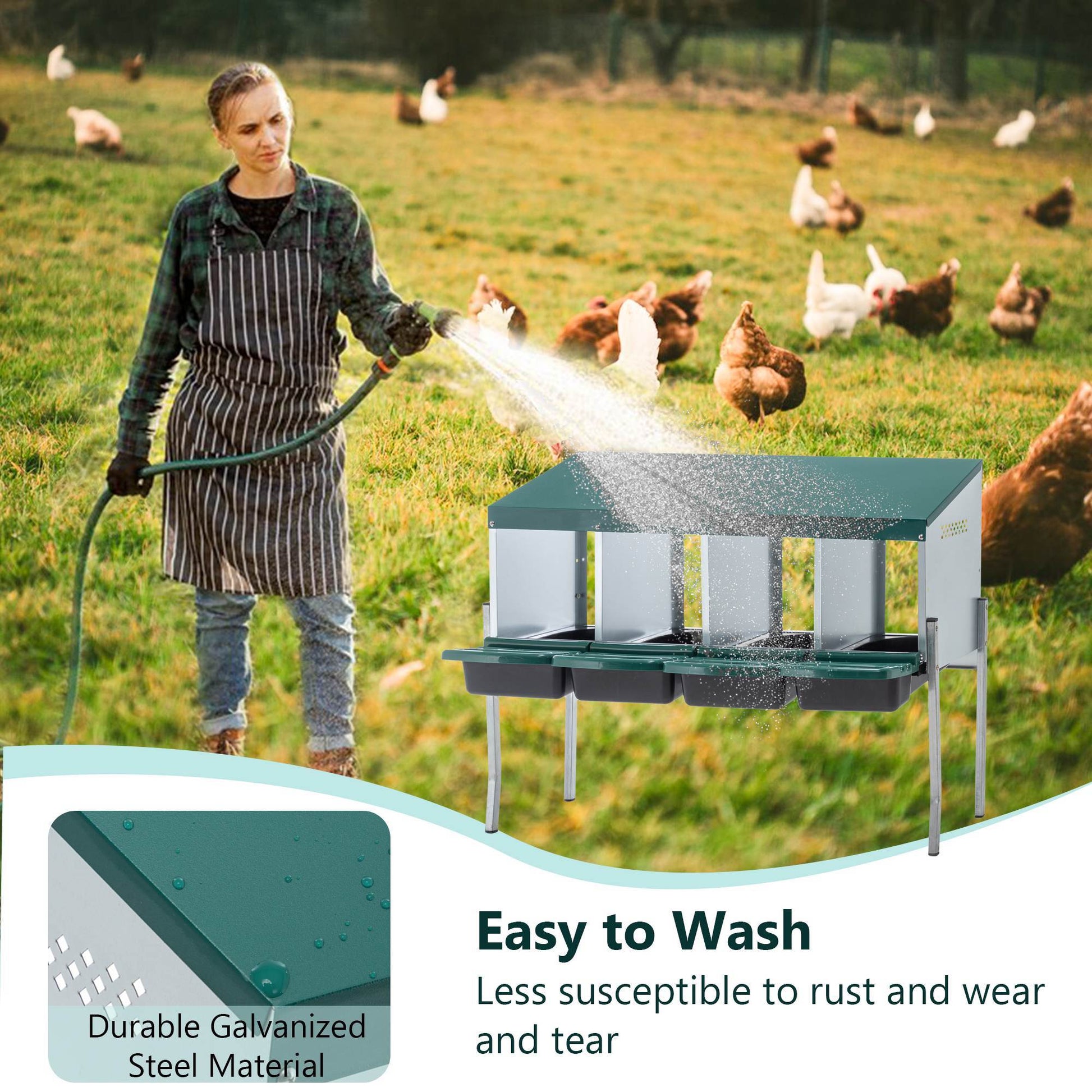 JMT-137930 Galvanized Steel 4-Hole Chicken Nest with Legs and Cover for Easy Egg Collection and Cleaning